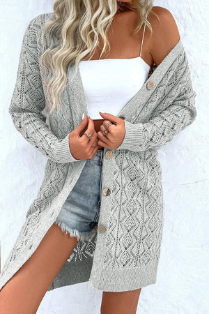 Gray diamond knit duster cardigan with button front and open weave detail