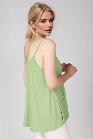 Light green trapeze cami with double spaghetti straps and a relaxed fit.