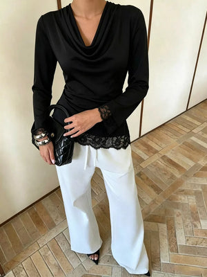 Lace Trim Cowl Neck Blouse in Black, model styling view