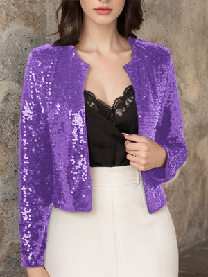 Purple sequin bolero jacket with open front and long sleeves.