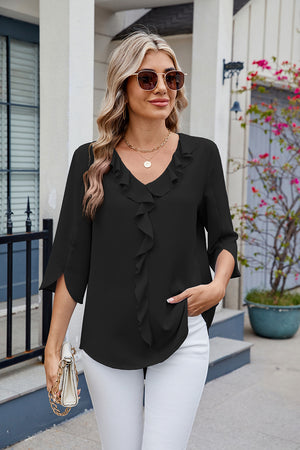 Black V-neck flutter sleeve blouse with ruffled front detail and split sleeves.