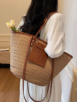 Straw Woven Shoulder Bag With Leather Accents in Khaki, side view