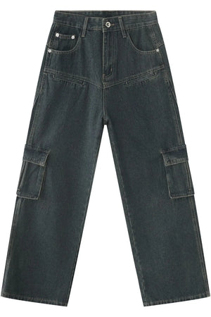 Dark wash denim cargo pants with paneling and utility pockets.