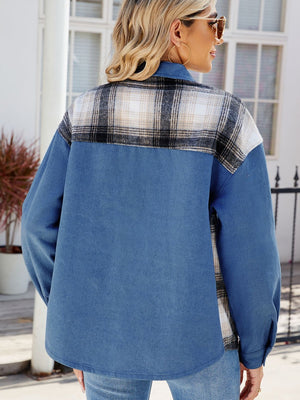 Denim overshirt with plaid patchwork detail on the back yoke in Dusty Blue.