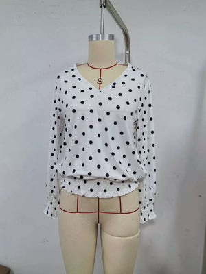 Polka Dot V-neck Smocked Blouse, close-up detail