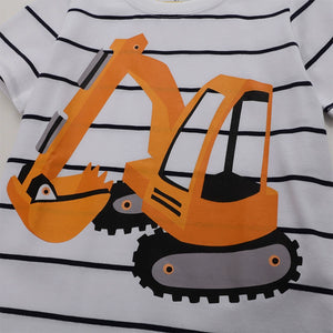 Toddler cotton t-shirt with excavator graphic on white and black stripes