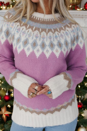 Pink purple Fair Isle yoke knit pullover sweater with diamond pattern and white sleeves.