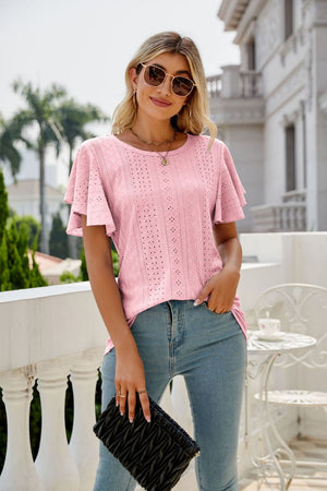 Blush pink eyelet flounce sleeve crew neck top with allover diamond pattern