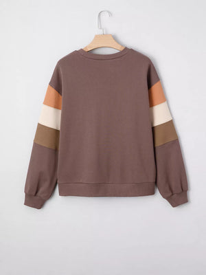 Color Block Drop Shoulder Pullover Sweatshirt in Coffee Brown, alternate angle