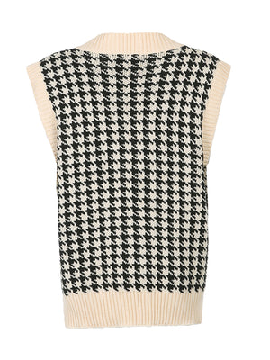 Houndstooth knit V-neck tank top in black and beige with ribbed trim.