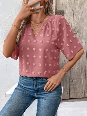Dusty Pink Swiss Dot Blouse with V-neck and short sleeves