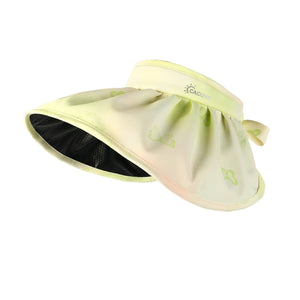Pleated brim sun visor hat with butterfly pattern in light green and yellow gradient.