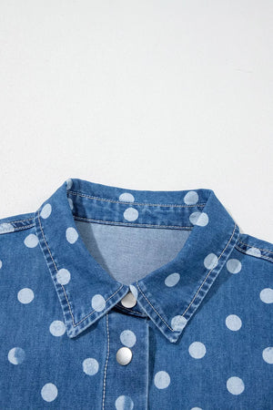 Polka Dot Long Sleeve Collar Shift Tunic Denim Jacket in Dusty Blue, fit detail