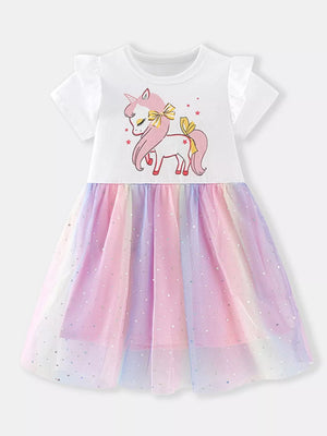 Baby girls white cotton dress with unicorn print and rainbow glitter tulle skirt