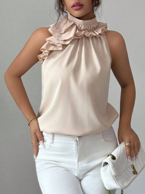 Ruffled high neck sleeveless blouse in red, black, apricot, or brown.