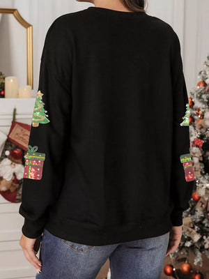Black crew neck sweatshirt with sequin Christmas tree and gift embellishments on sleeves.