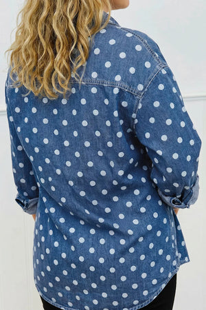 Polka Dot Long Sleeve Collar Shift Tunic Denim Jacket in Dusty Blue, side view