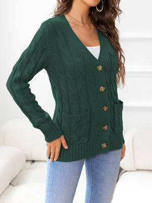Green cable-knit cardigan with V-neck, buttons, and pockets.