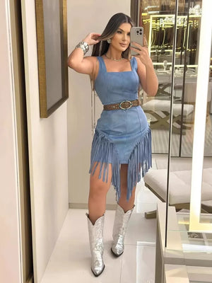 Blue asymmetrical mini dress with fringe detail and square neckline.