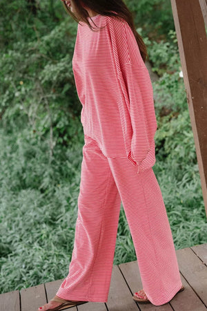 Striped Drop Shoulder Long Sleeve Top And Pants Set in Dusty Pink, close-up detail