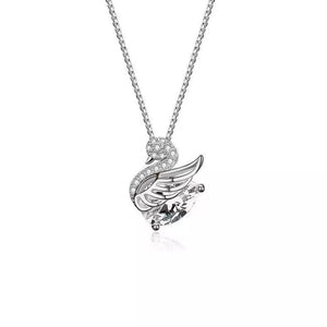 Silver swan pendant necklace with clear crystal and cubic zirconia accents on a delicate chain.