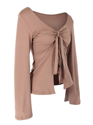 Khaki tie-front long sleeve blouse with v-neck and knot detail