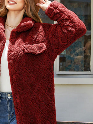Burgundy quilted teddy bear coat with patch pockets and buttons