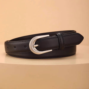 Black cowhide leather belt with silver buckle, adjustable for adults.