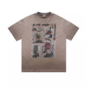 Men's graphic t-shirt in mocha cotton with a round neck and collage art print.