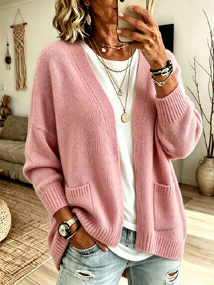 Open Front Knit Cardigan With Pockets in Army Green, front view