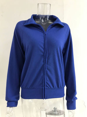 Blue ribbed knit zip-up jacket with collar and long sleeves