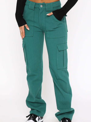 Turquoise utility pocket straight leg trousers with cargo pockets.