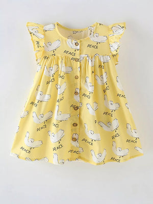 Yellow cotton blend toddler dress with dove print, ruffle sleeves, and button-down front.