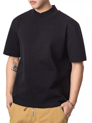 Men's black cotton mock neck t-shirt with short sleeves and a casual fit.