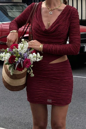 Ruched Cutout Cowl Neck Mini Dress, front view