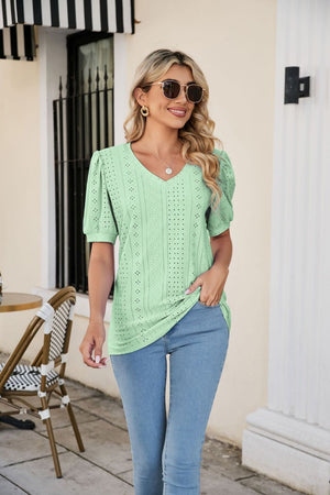 Light Green perforated puff sleeve v-neck blouse with eyelet detail