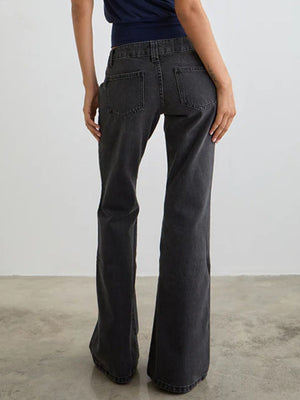 Dark gray low rise flare leg jeans with pockets and classic fit