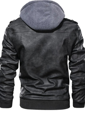 Men's Full Size Hooded Faux Leather Motorcycle Jacket in Black, close-up detail