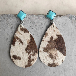 Cow print teardrop earrings with turquoise square tops