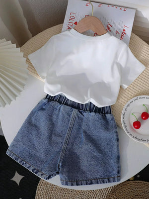 White short sleeve tee with elastic waist denim shorts and bowknot detail