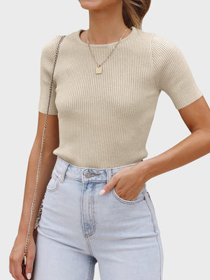 Beige ribbed crew neck fitted tee with short sleeves