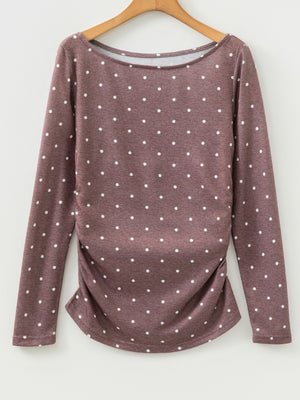 Coffee brown polka dot long-sleeve tee with boat neck and ruched sides.