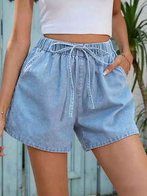 Drawstring High Waist Denim Shorts, model styling view