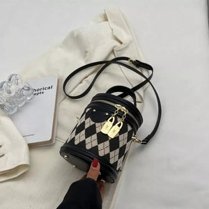 Diamond Pattern Bucket Crossbody Bag in Blush Pink, model styling view