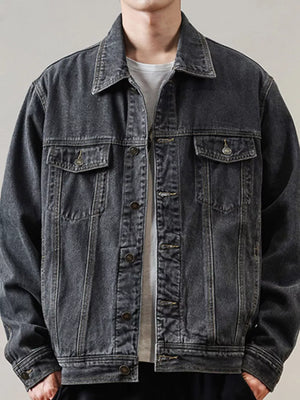 Men's Classic Washed Denim Jacket Plus Size in Dark Gray, front view
