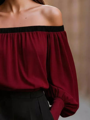 Off-shoulder Ruched Top in Black, fabric detail