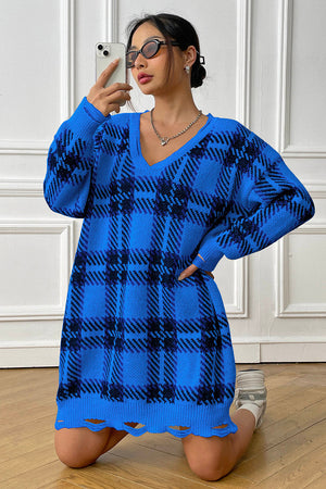 Royal blue plaid knit mini dress with distressed hem and v-neck.