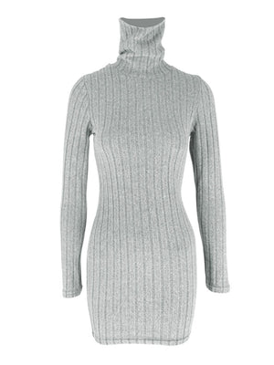 Grey ribbed turtleneck bodycon mini dress with long sleeves.