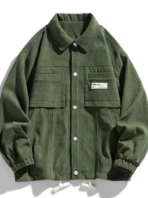 Classic corduroy button-down jacket in army green with two chest pockets and drawstring hem.