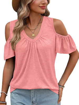 Pink ruched cold shoulder t-shirt with V-neck and flutter sleeves.